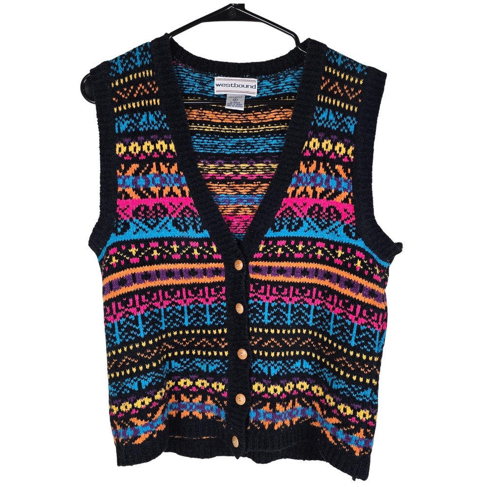 Vintage Westbound Fair Isle Sweater Vest Small V-Neck Button Front Neon Multi